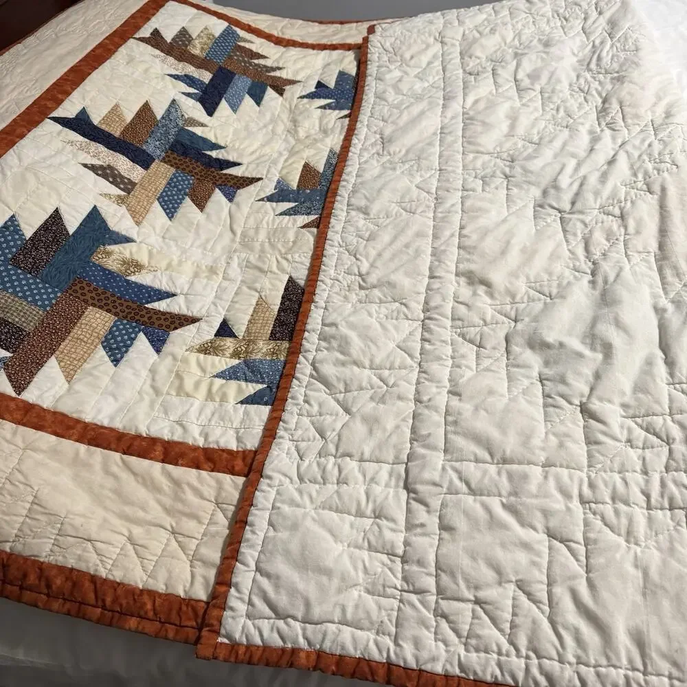 Handmade Quilt Throw Patchwork Star Pattern Cream Blue Rustic Cottage Bed Topper